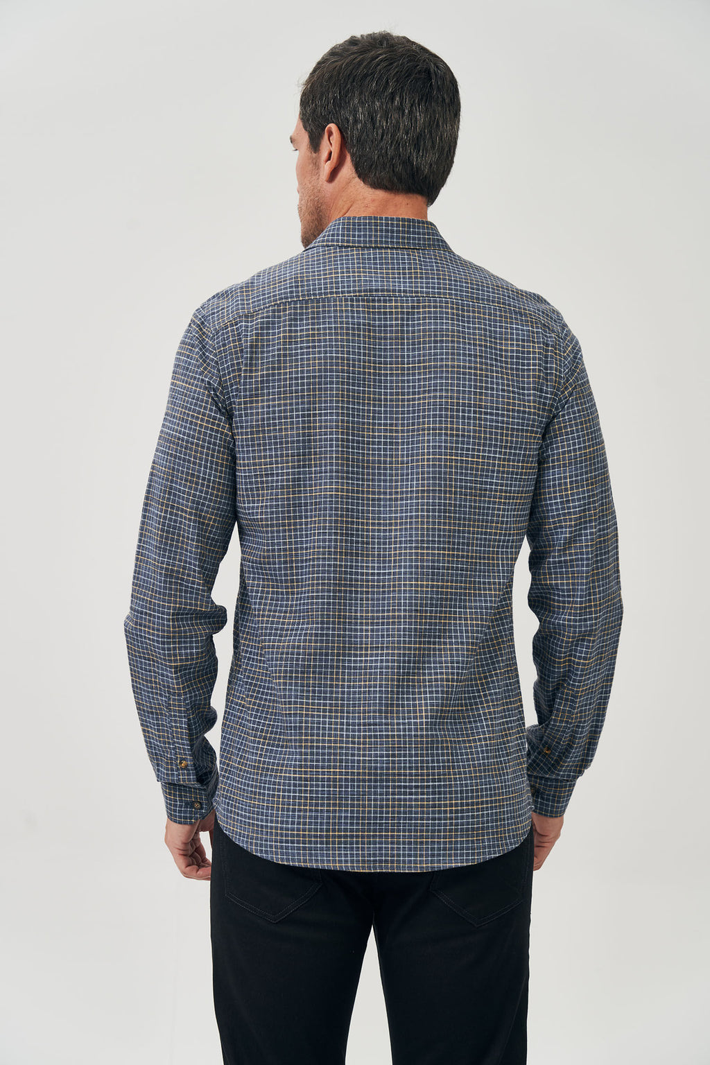 Camisa Manga Longa Quadriculada Masculina Acostamento Mini Xadrez Azul C/ Amarelo