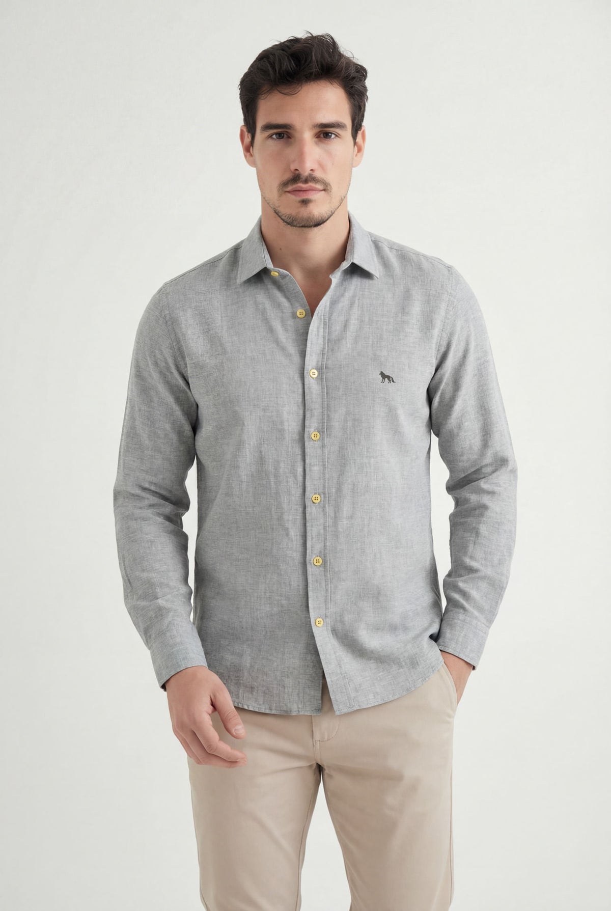 Camisa Manga Longa Casual Masculina Acostamento Cinza Claro