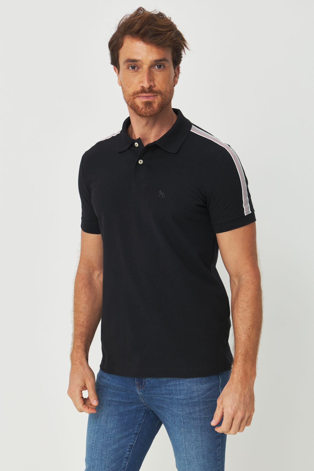 Polo Detalhe Ombro Masculina Acostamento Preto