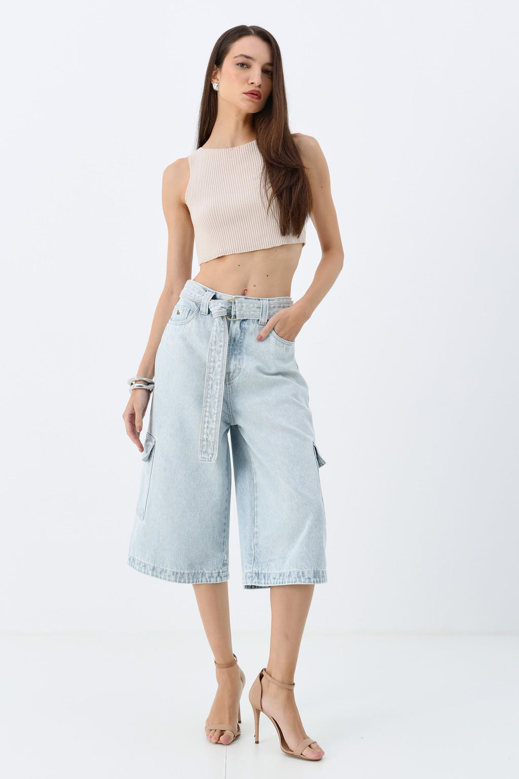 Bermuda Jeans Jorts Cintura Alta ACT Feminino Jeans Claro