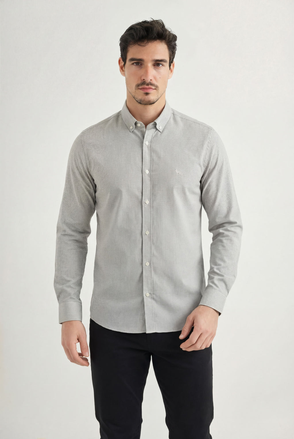 Camisa Manga Longa Casual Masculina Acostamento Micro Vichy Azul Claro