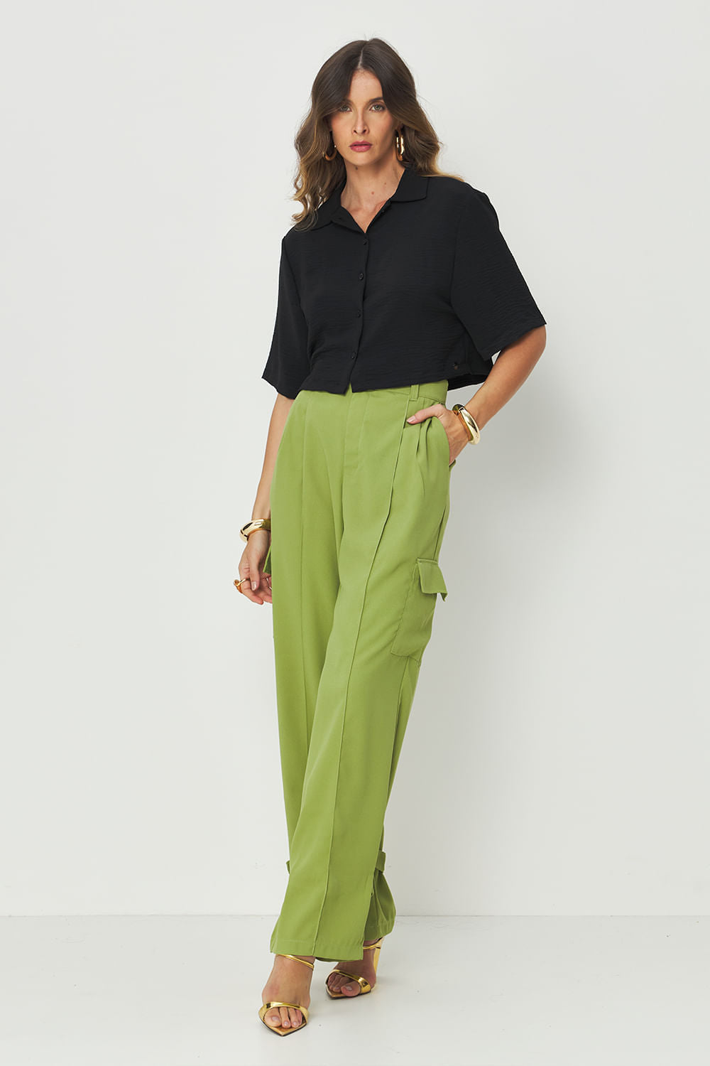 Calça Acetinada Cargo Com Amarração Feminina Acostamento Matcha