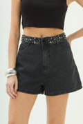 Short Jeans Mom Detalhado ACT Feminino Jeans Escuro