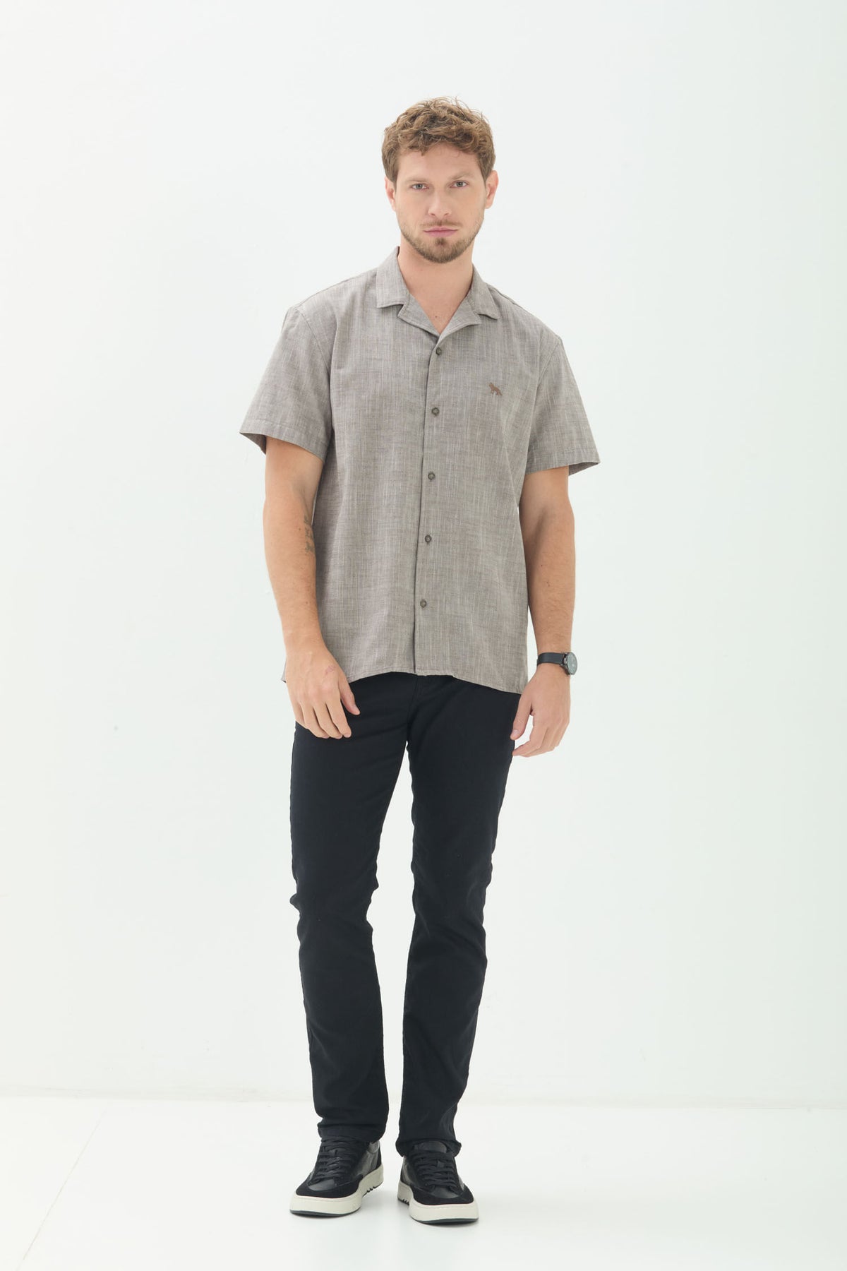 Camisa Linho Manga Curta Masculina Acostamento Marrom
