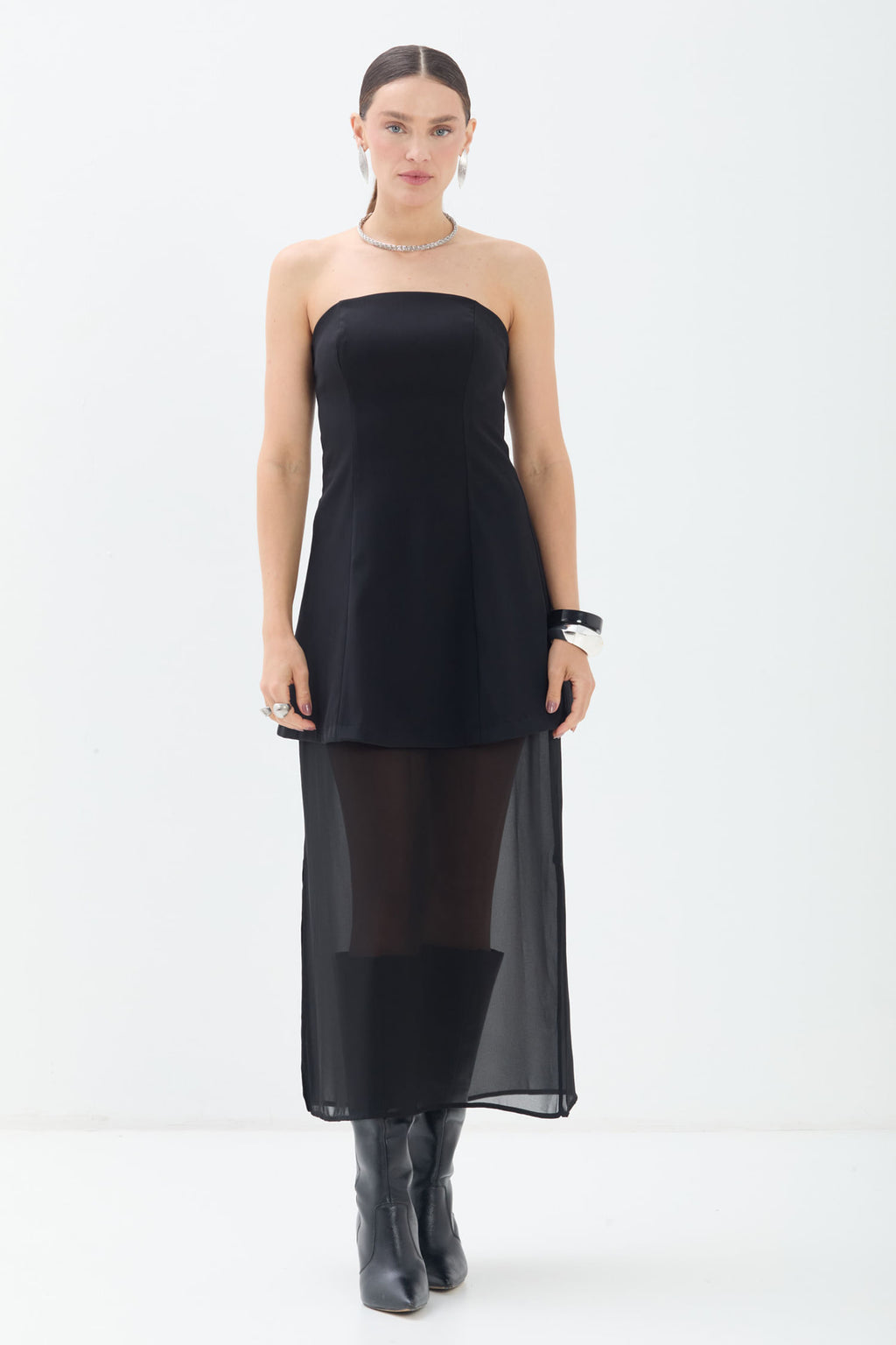 Vestido Elegante Sem Alça Fluido ACT Feminino Preto