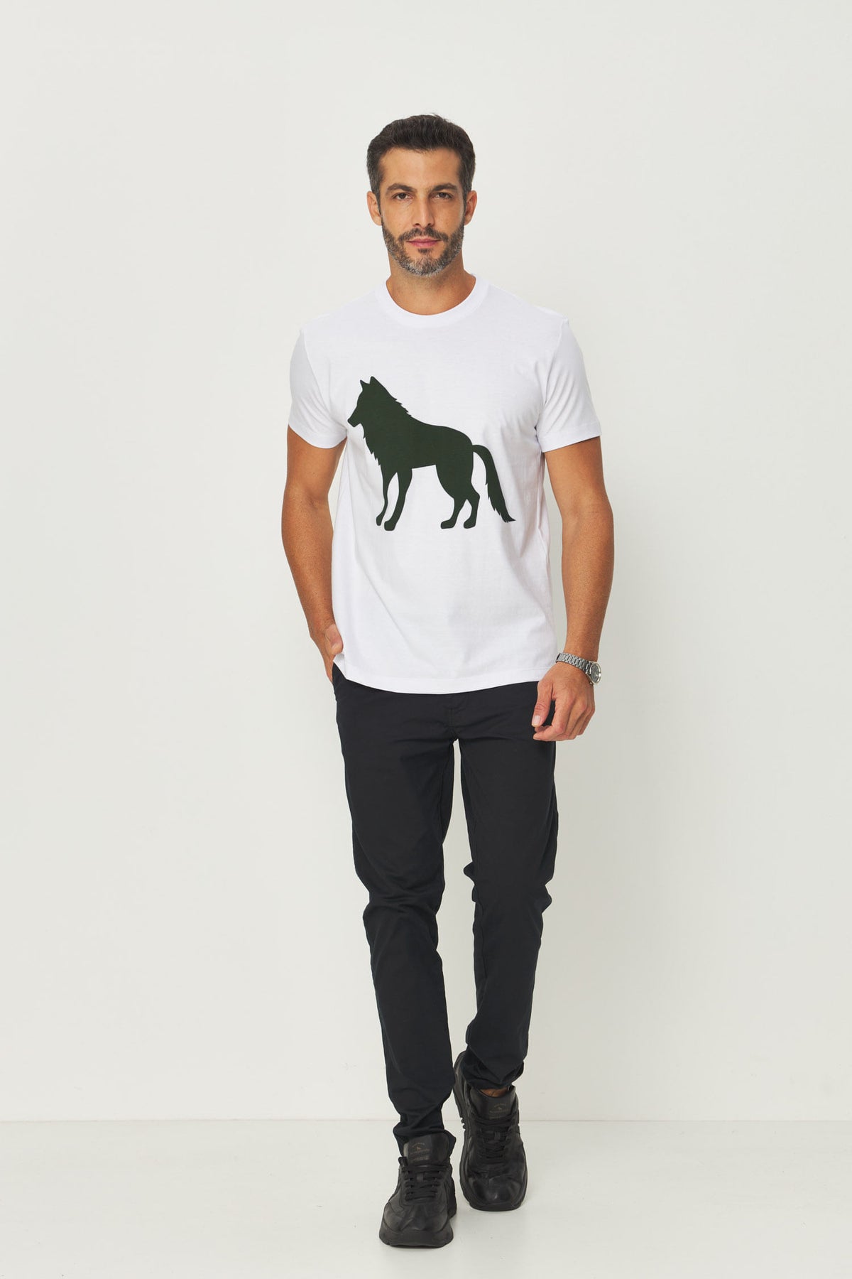 Camiseta Estampa Lobo Frontal Masculino Acostamento Branco C/ Estp Verde Folhagem