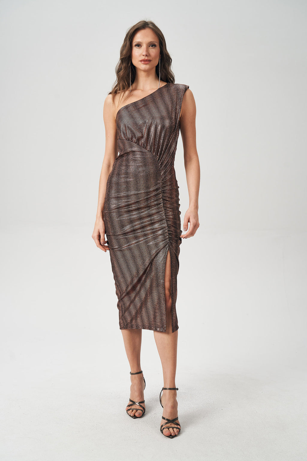 Vestido Franzido e Fenda Feminino Acostamento Cobre