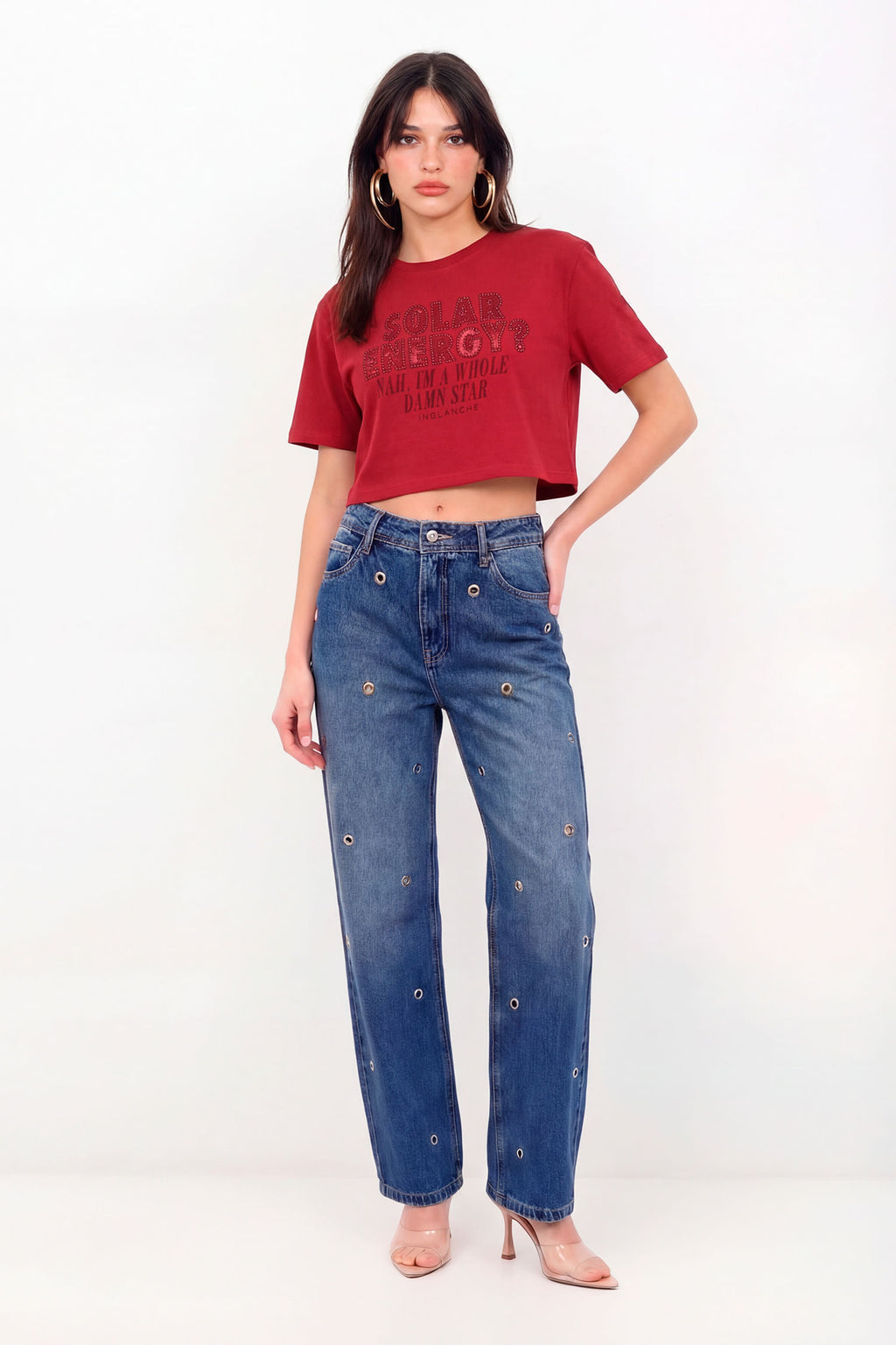T-Shirt Cropped Silk Metalizada Feminina Inblanche Vermelho Hibisco