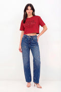 T-Shirt Cropped Silk Metalizada Feminina Inblanche Vermelho Hibisco