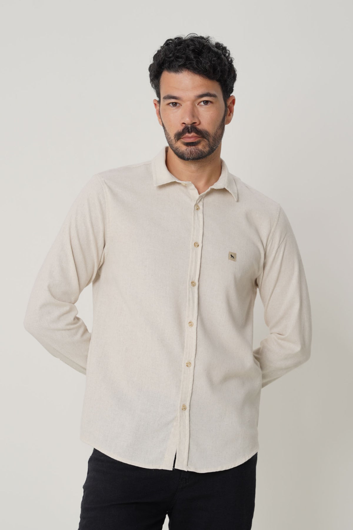 Camisa Casual Manga Longa Masculina Acostamento Bege