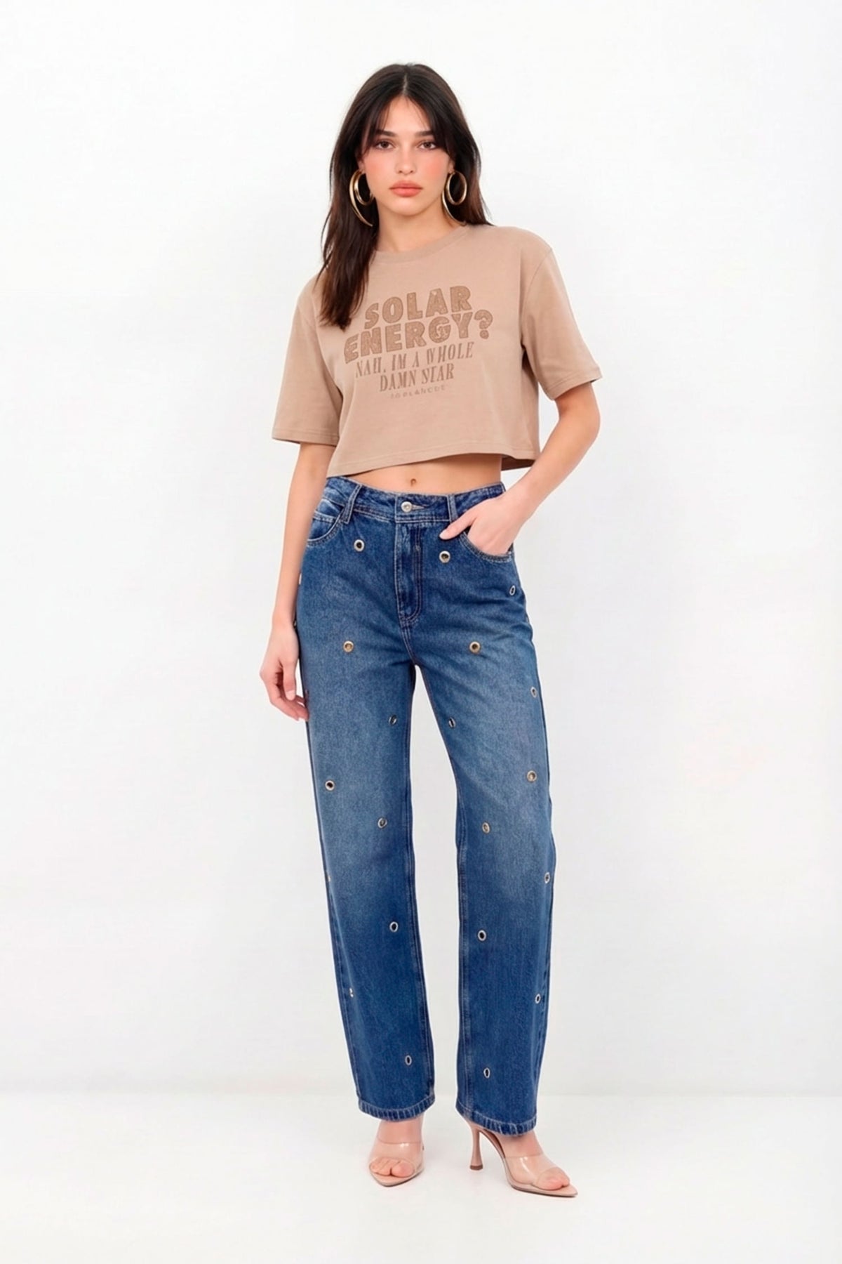 T-Shirt Cropped Silk Metalizada Feminina Inblanche Sand