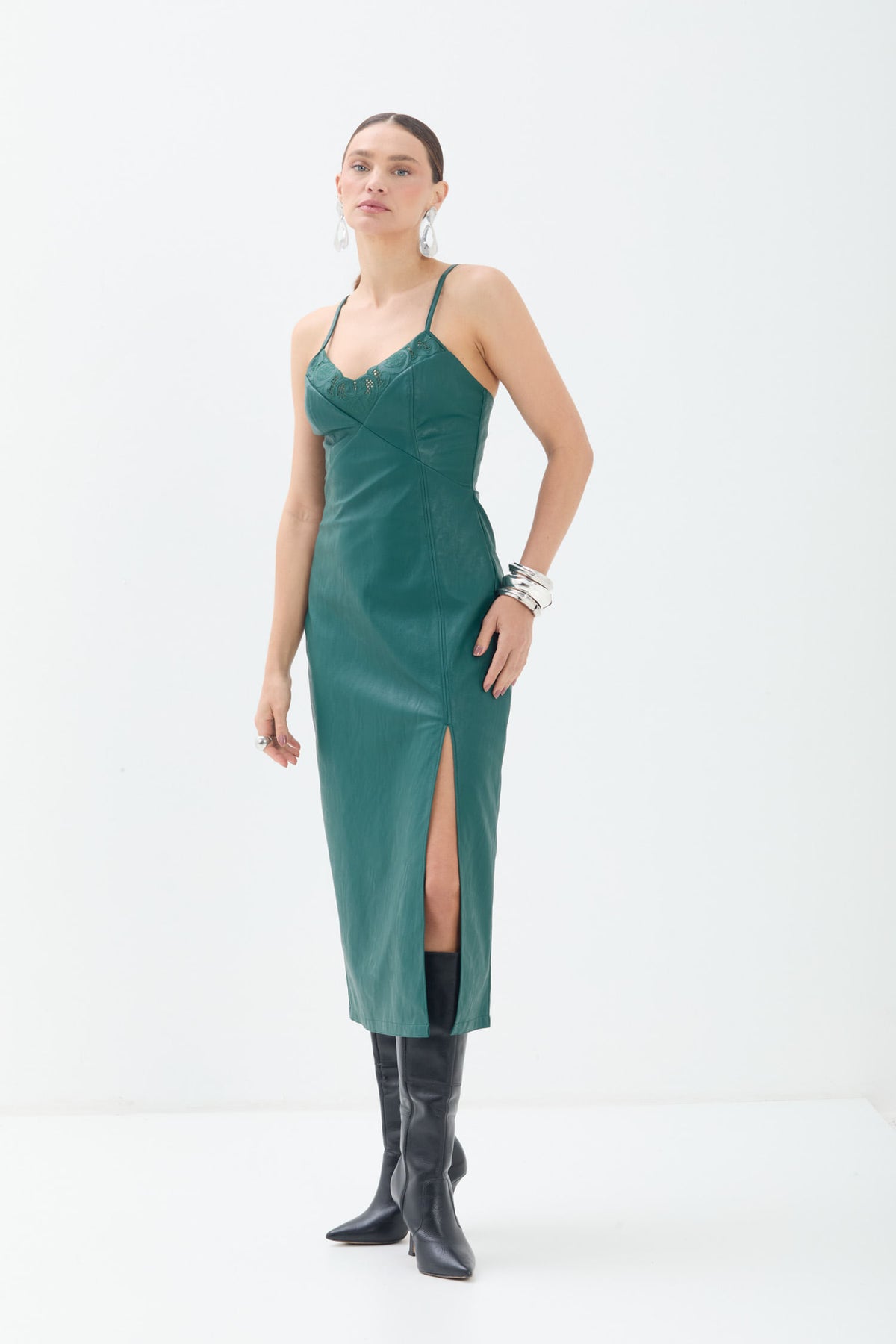 Vestido Midi PU Com Alças Finas ACT Feminino Deep Forest