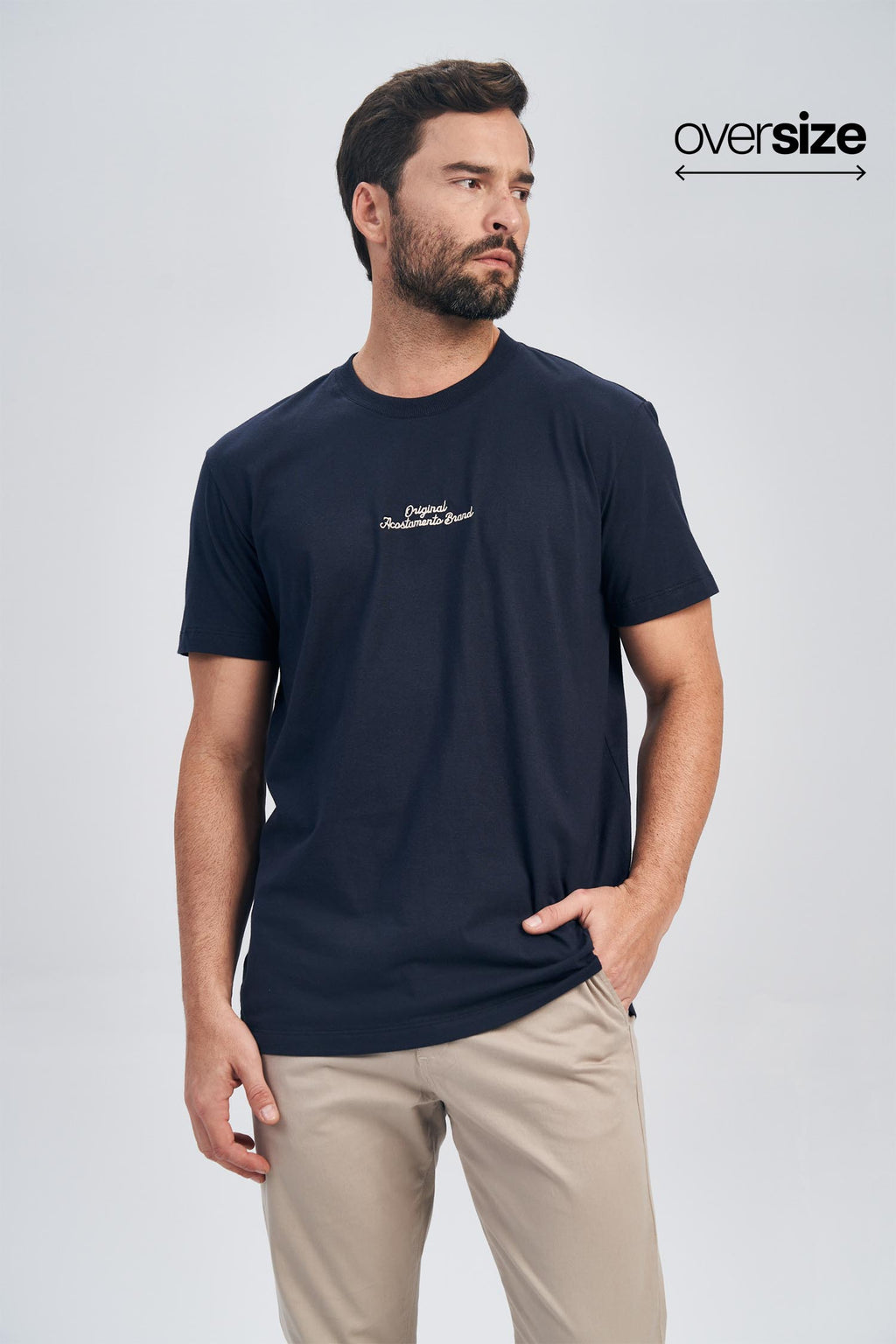 Camiseta Bordado Central Masculina Oversize Acostamento Marinho