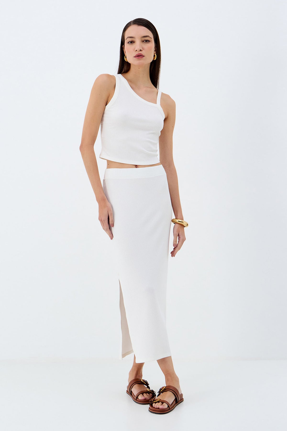 Blusa Assimétrica Canelada ACT Feminino Off White