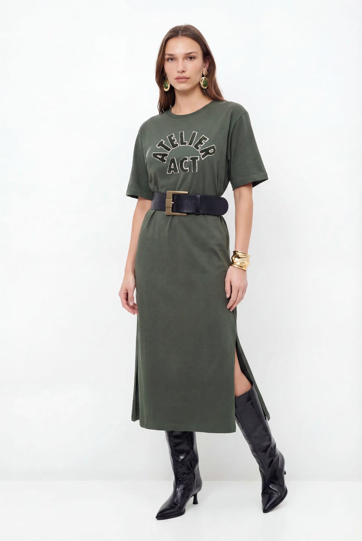 Vestido Midi Bordado Com Fenda ACT Feminino Midnight Green