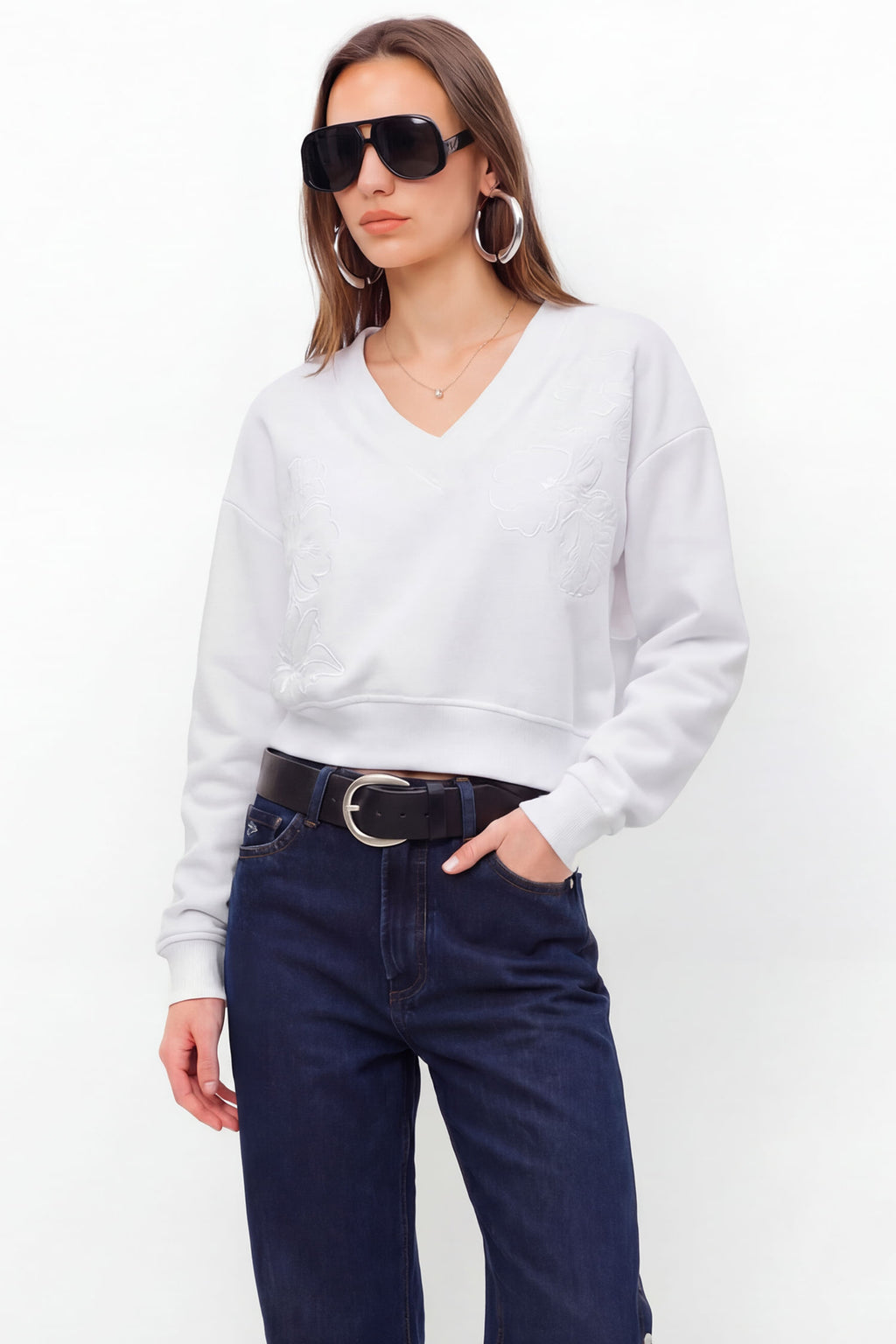 Blusão Moletom Com Bordado Floral ACT Feminino Off White