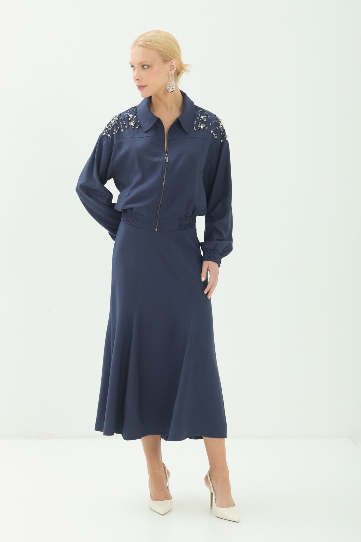 Jaqueta Com Pedrarias E Zíper ACT Feminina Royal Blue