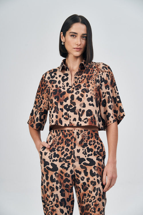 Blusa Decote V Print Feminina Acostamento Feline Fall