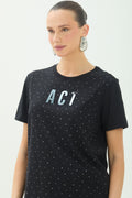 T-Shirt Casual Com Brilho ACT Feminina Preto