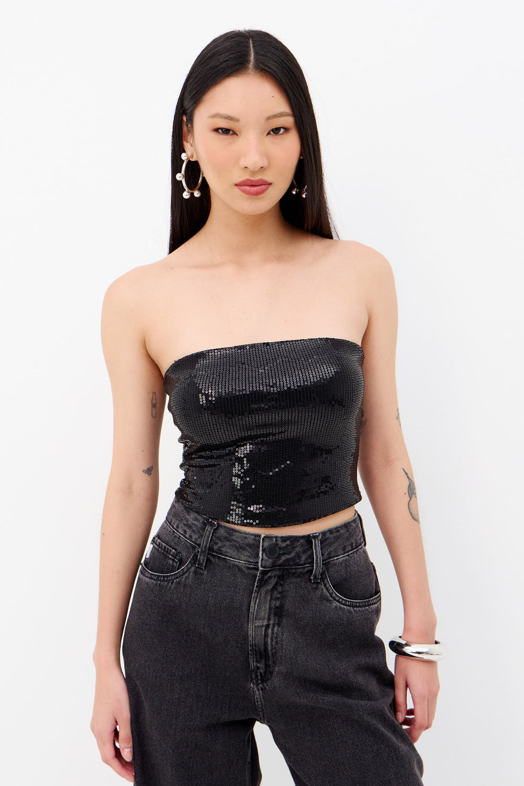 Blusa Paetê Glossy Sem Alça Feminina Inblanche Preto
