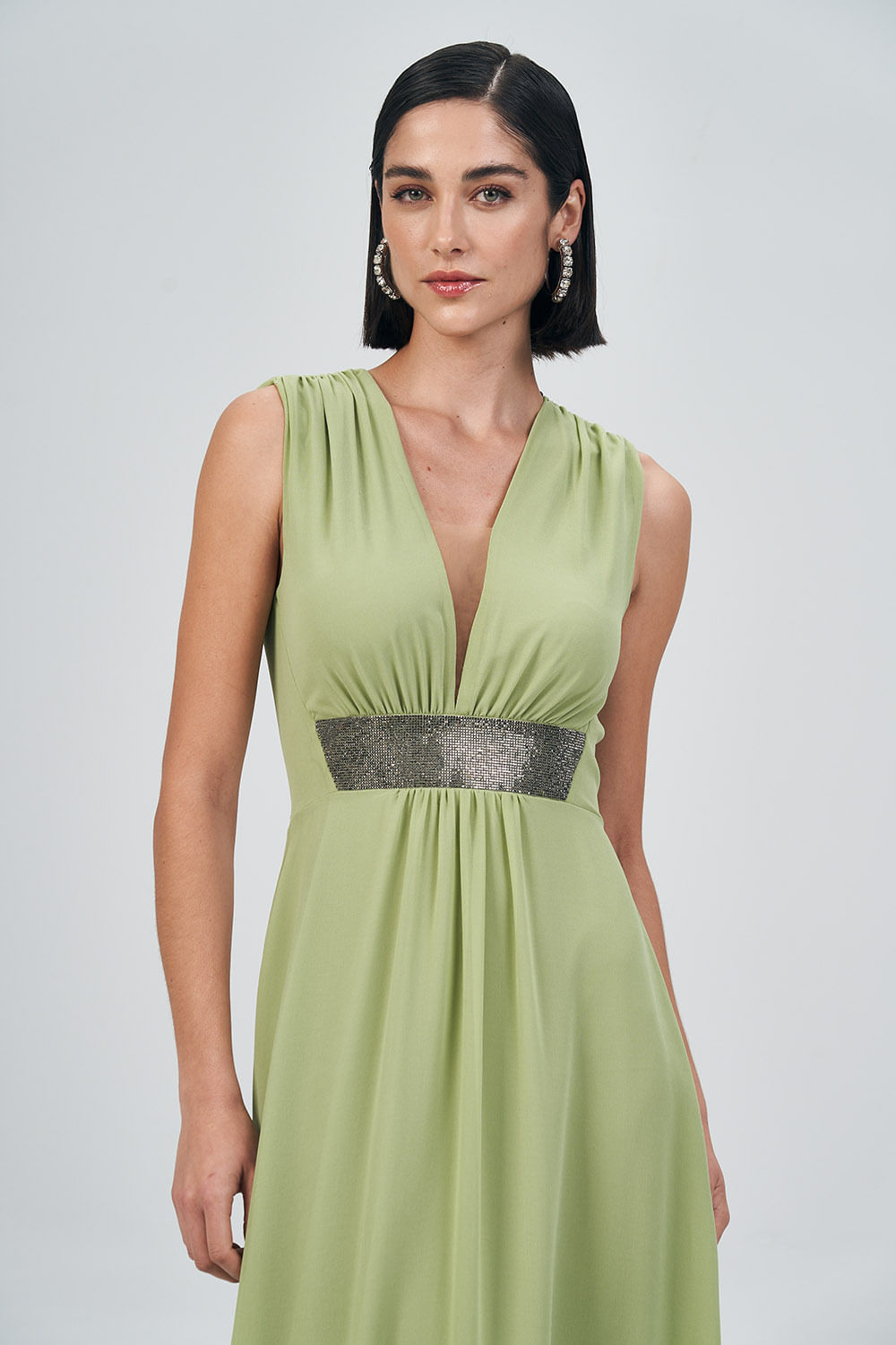 Vestido Longo Com Detalhe Metálico Feminino Acostamento Matcha