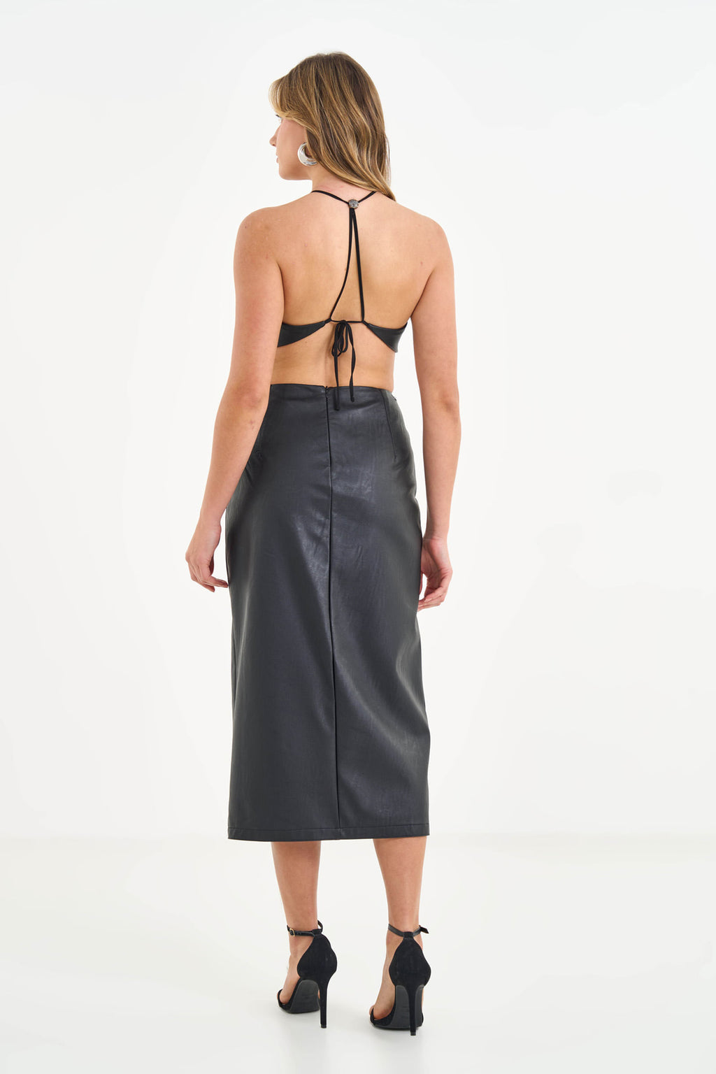 Vestido Midi PU Cut Out com Fenda ACT Feminino Preto