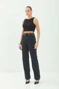 Calça Jeans Straight Cós Pedraria ACT Feminina Jeans Escuro