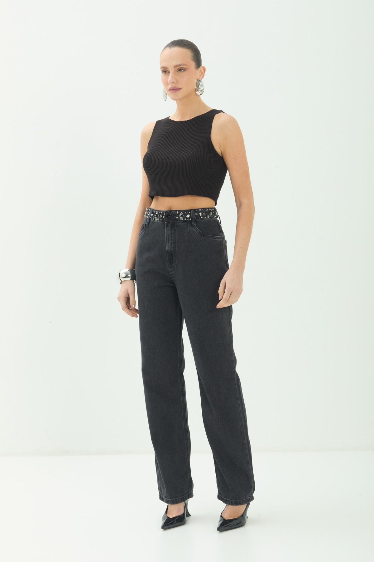 Calça Jeans Straight Cós Pedraria ACT Feminina Jeans Escuro
