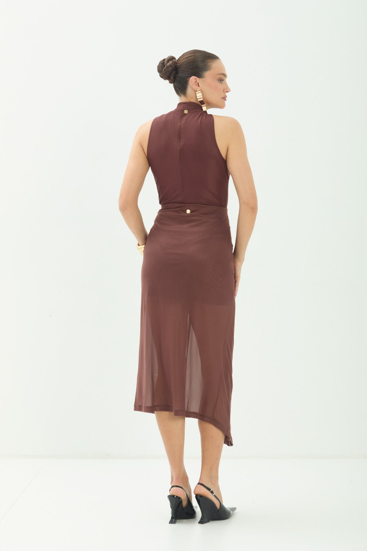 Saia Midi Em Tule Com Drapeado ACT Feminina Choco