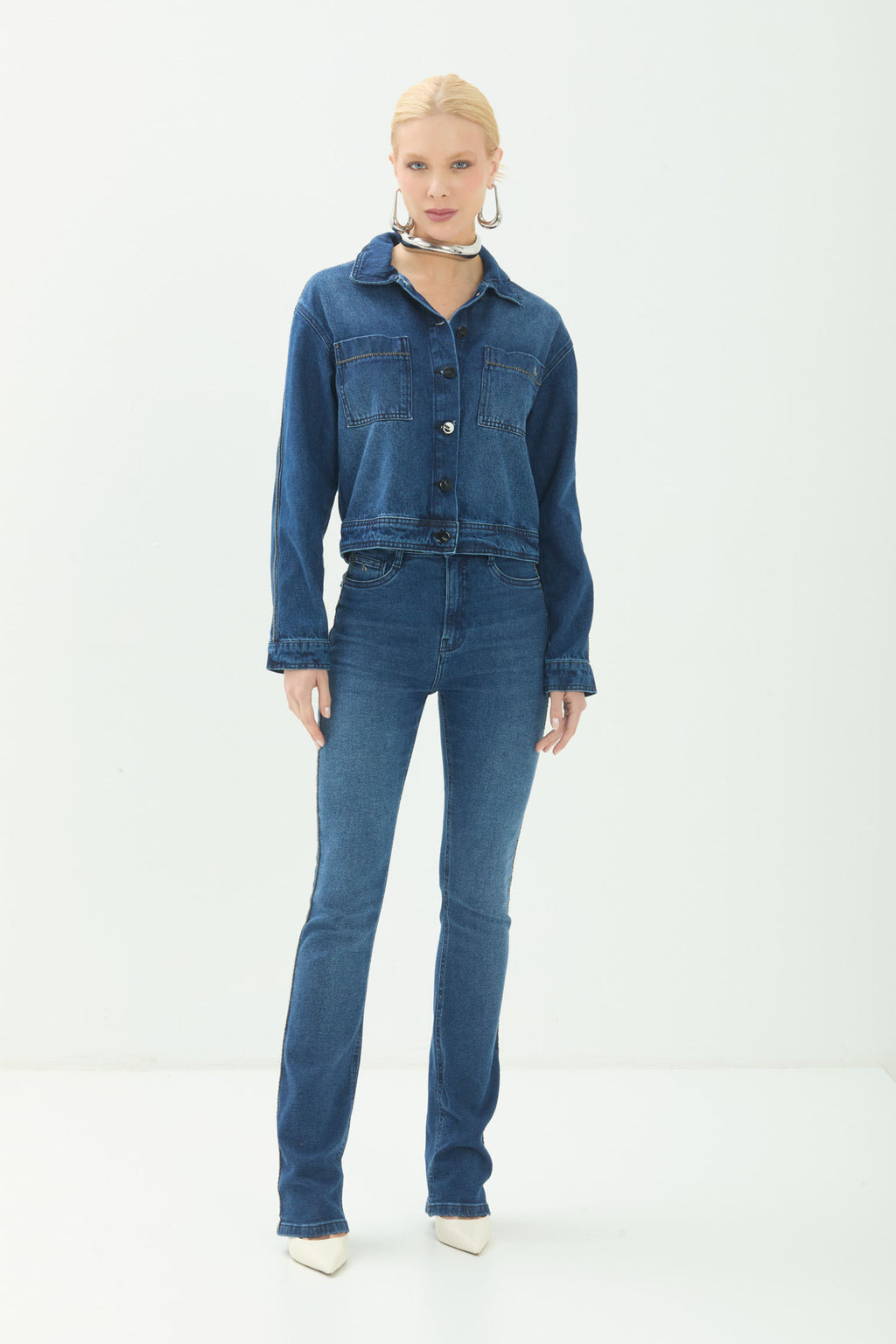 Jaqueta Jeans Com Bolsos ACT Feminina Jeans Escuro