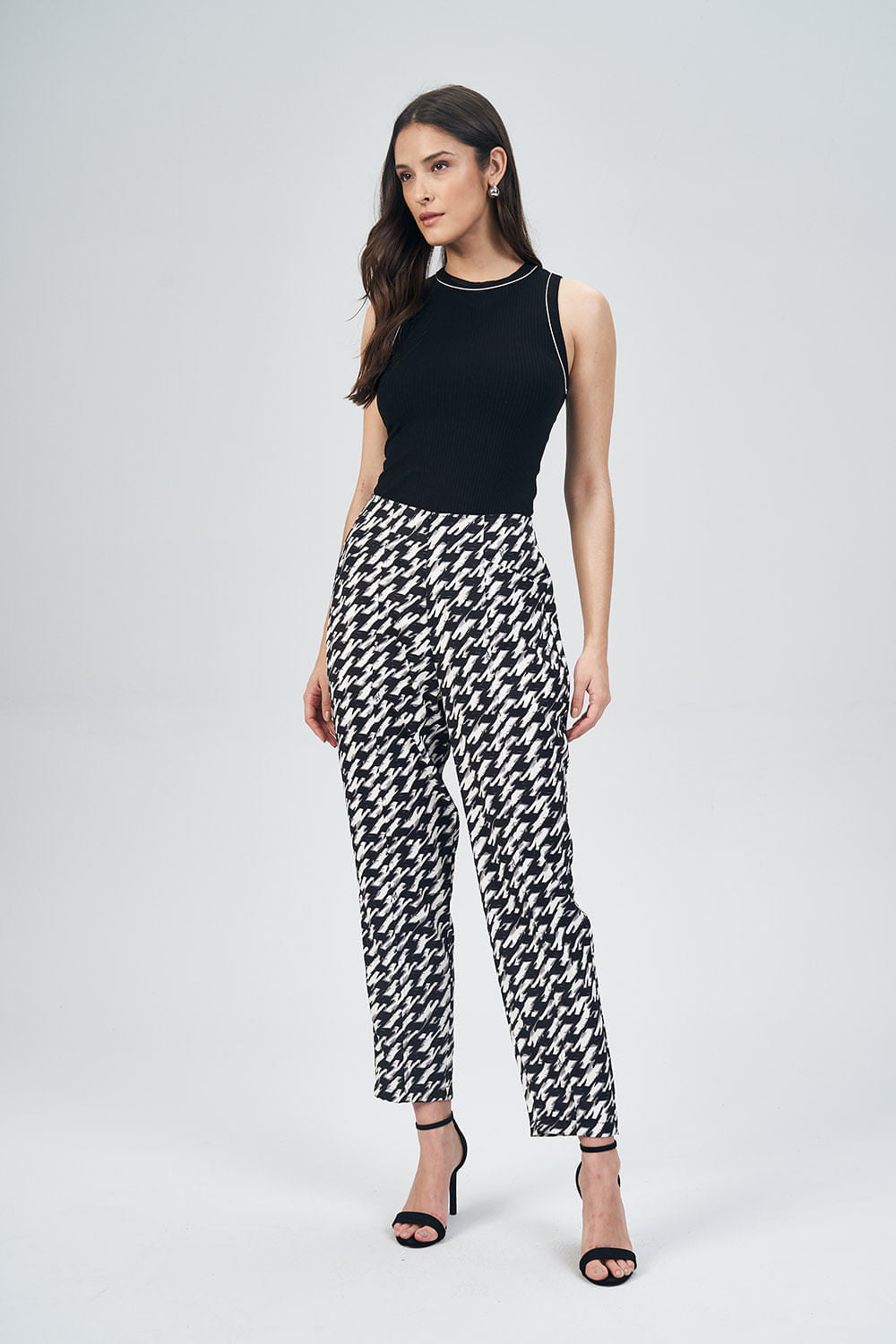 Calça Reta Print Feminina Acostamento Pied De Poule