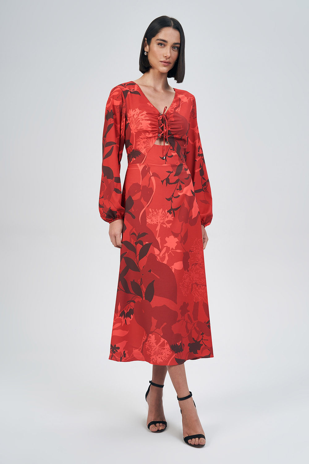 Vestido Midi Stamp Feminino Acostamento Red Blossom