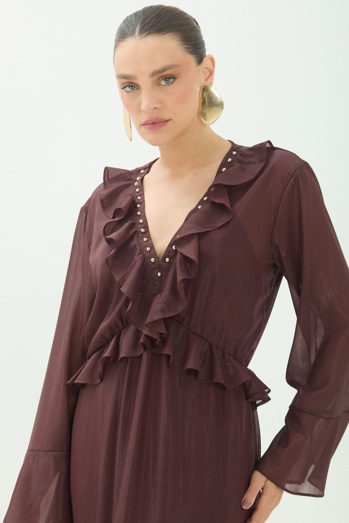 Vestido Manga Longa Decote V ACT Feminino Choco