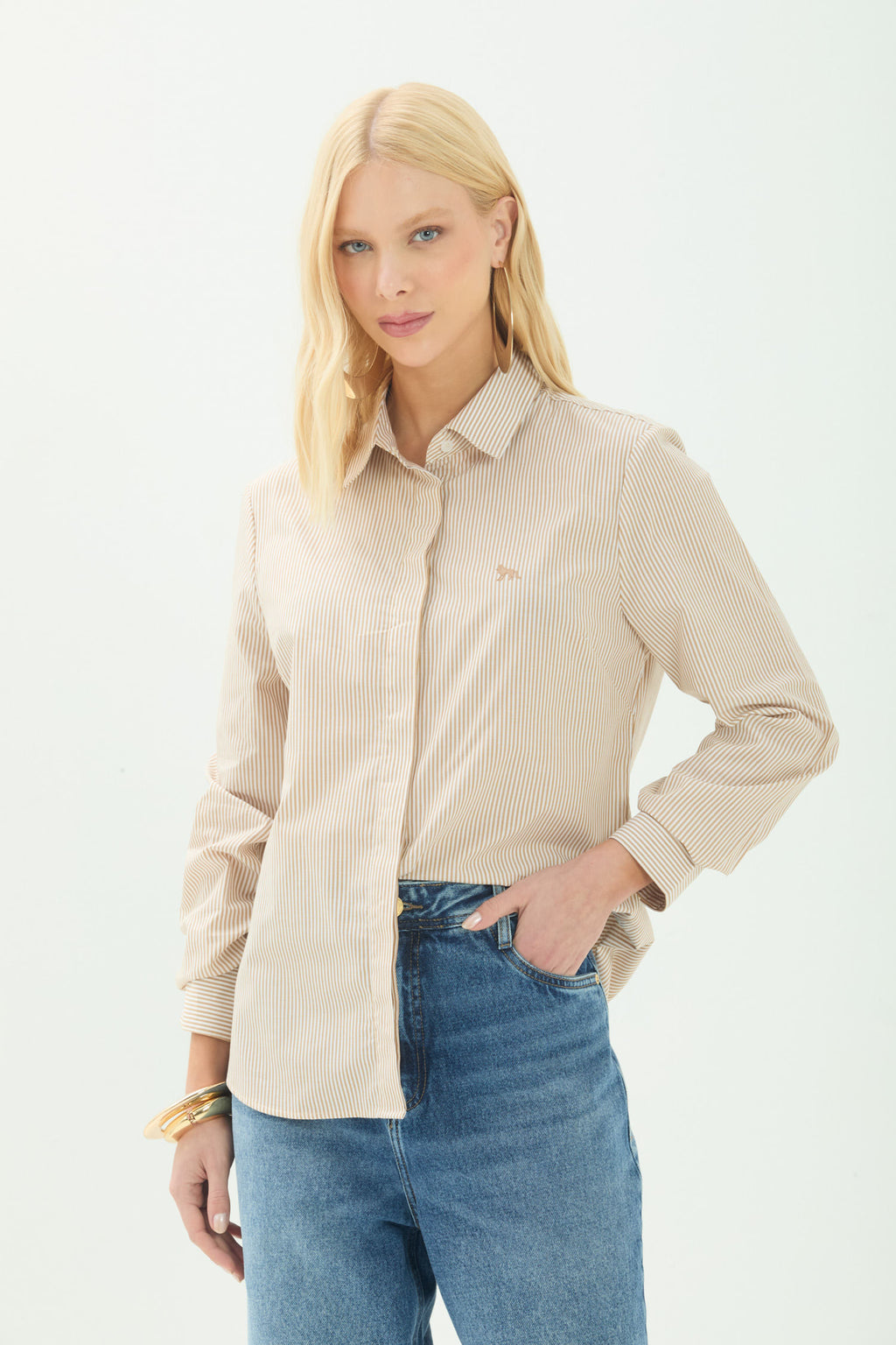 Camisa Social Listrada Elegante ACT Feminina Off White C/ Sand