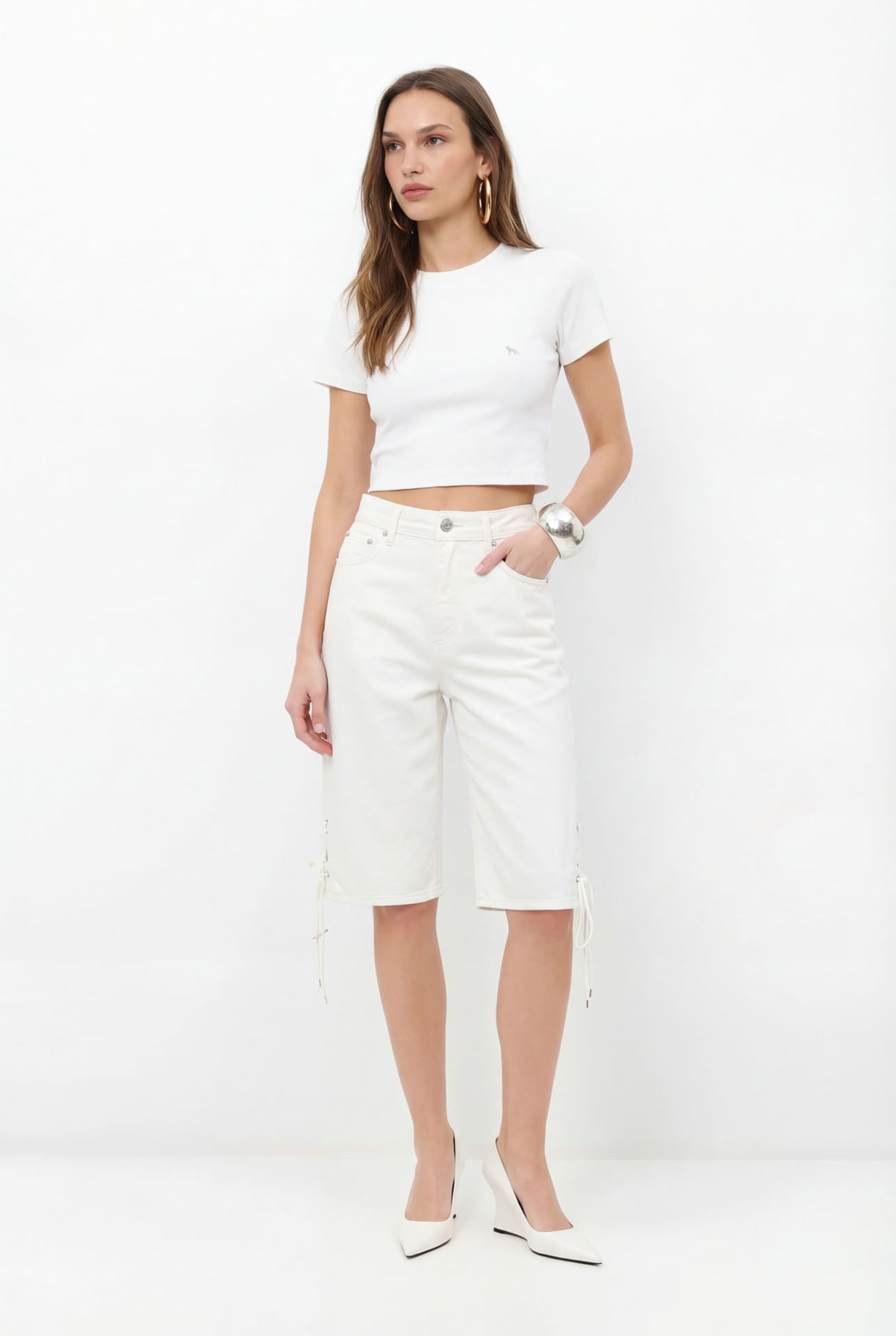 Bermuda Sarja Jorts Cintura Alta ACT Feminina Off White