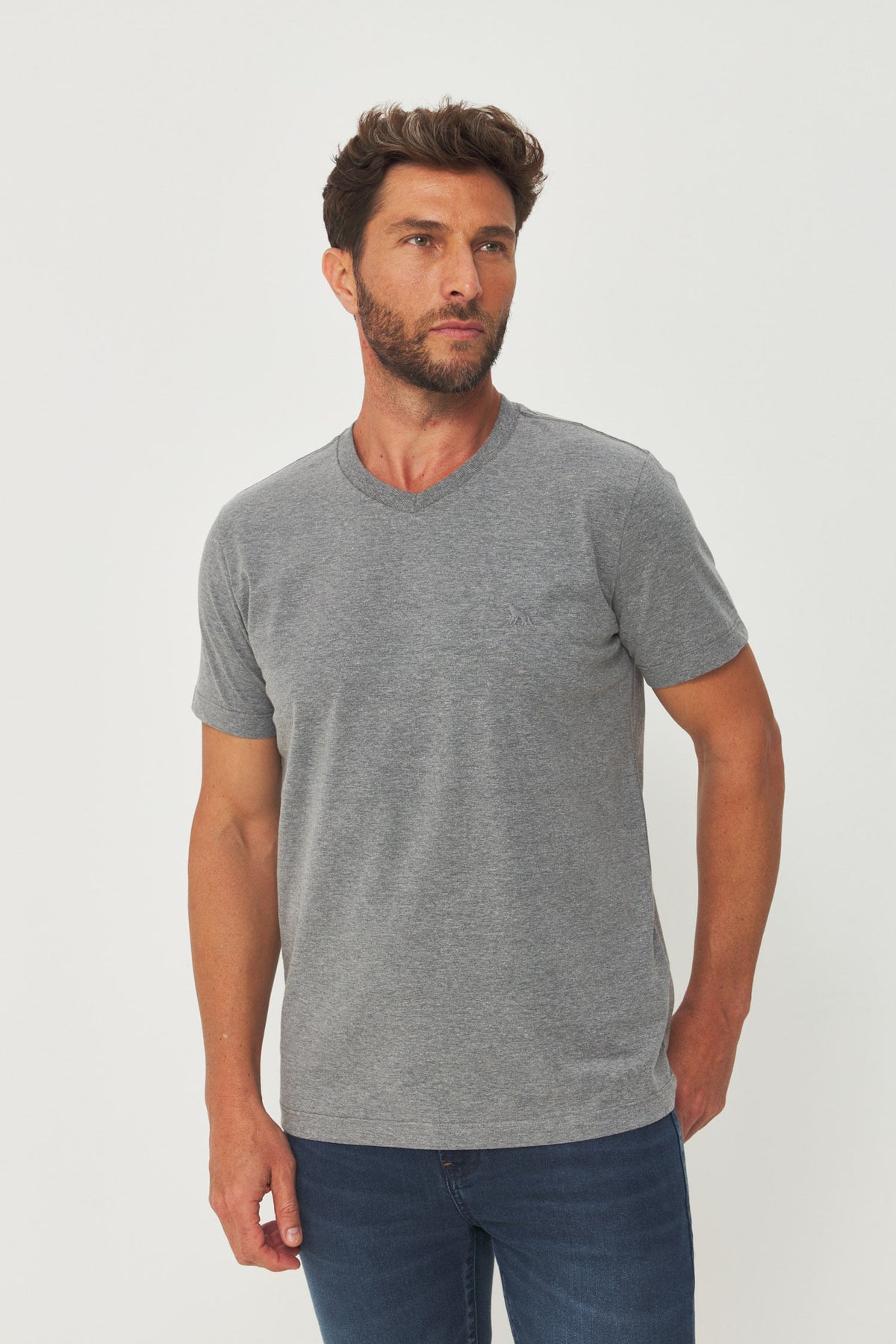 Camiseta Casual Gola V Masculina Acostamento Mescla Grafite