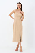 Vestido Midi PU Fenda Frontal ACT Feminino Sand