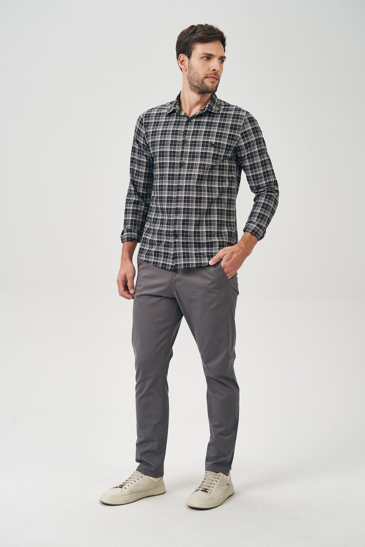 Camisa Manga Longa Xadrez Masculina Acostamento Xadrez Preto C/ Cinza E Off White