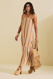 Vestido Longo Fluido Listrado ACT Feminino Caramel Stripes