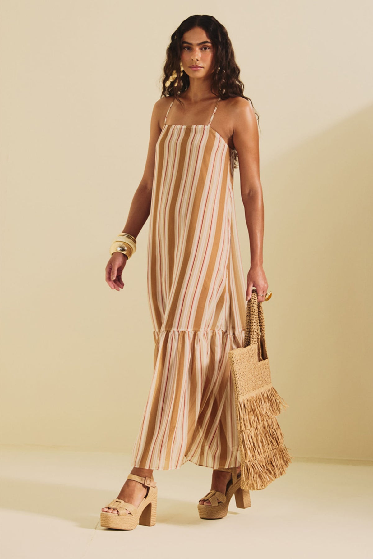 Vestido Longo Fluido Listrado ACT Feminino Caramel Stripes
