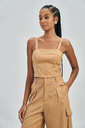 Top Alfaiataria Risca Giz Feminino Acostamento Palha