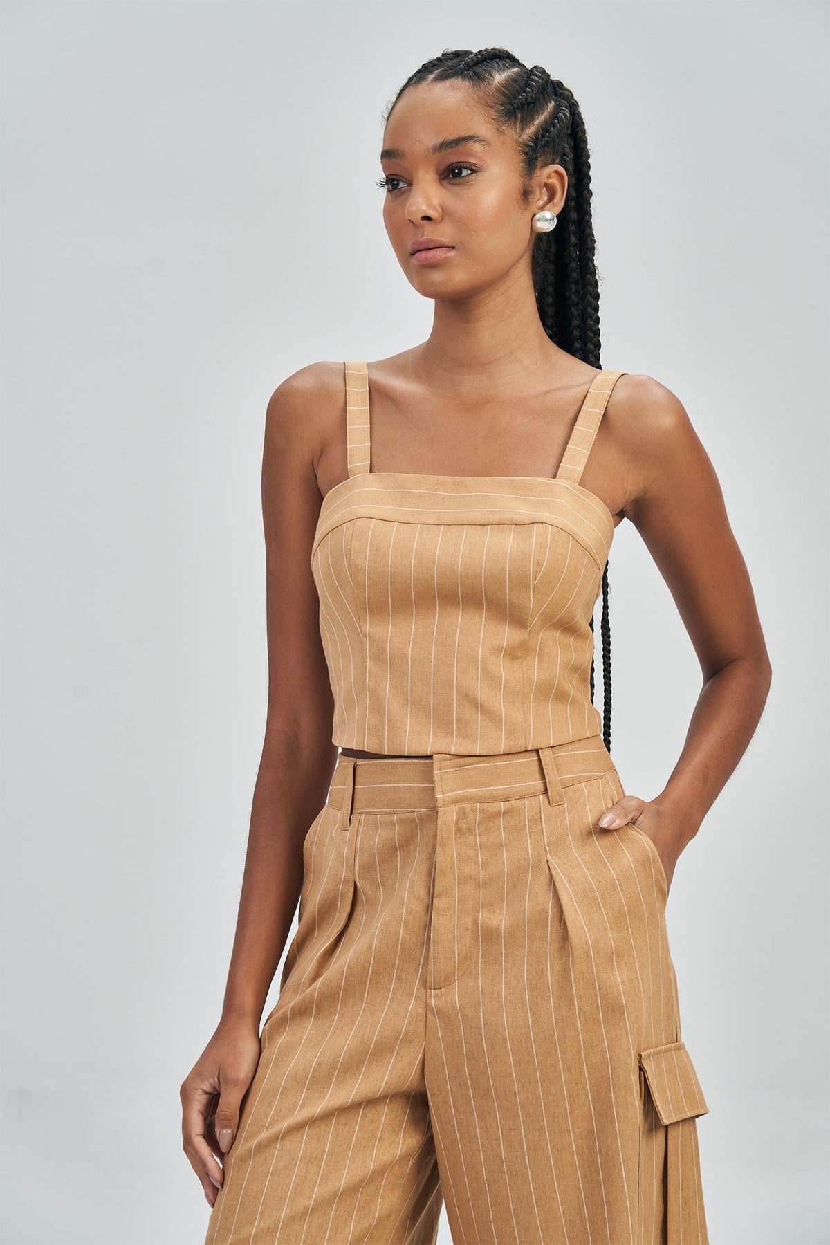 Top Alfaiataria Risca Giz Feminino Acostamento Palha