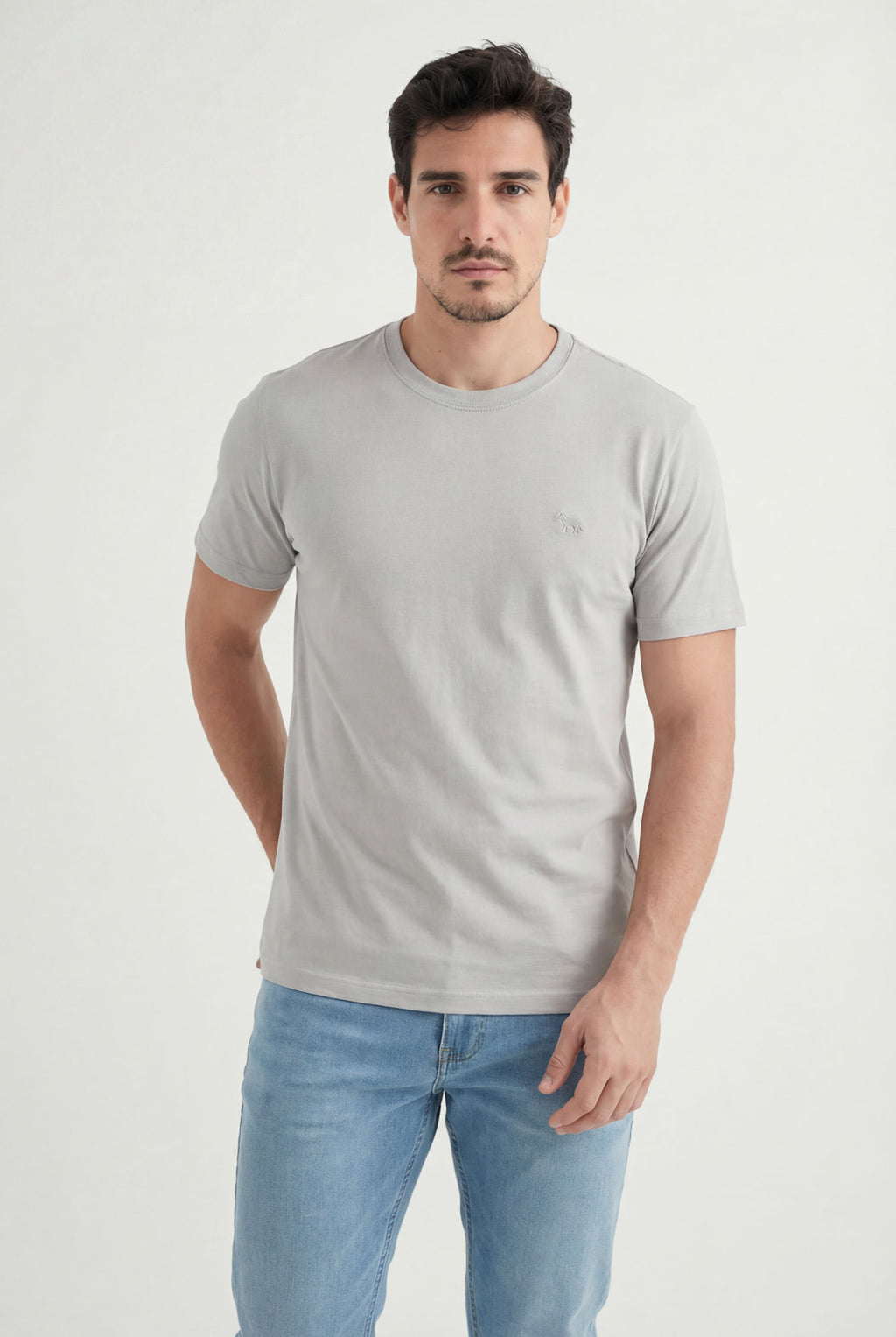 Camiseta Básica Lobo Bordado Masculina Acostamento Cinza Gelo