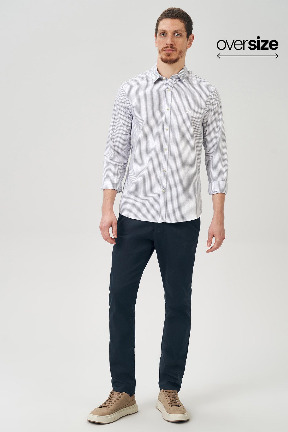 Camisa Manga Longa Masculina Oversize Acostamento Mini Xadrez Azul