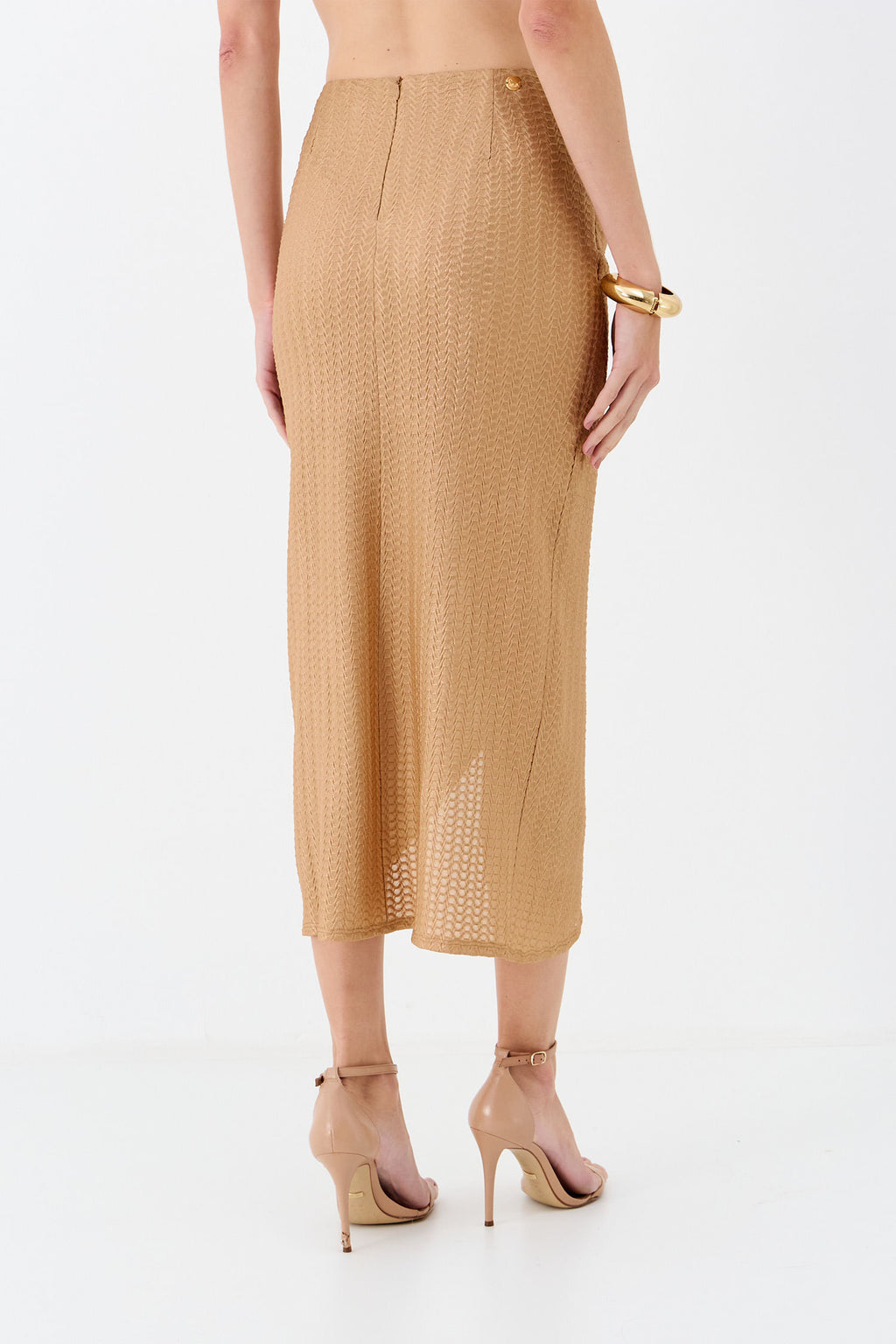 Saia Midi Texturizada com Argola Lateral ACT Feminino Sand C/ Dourado
